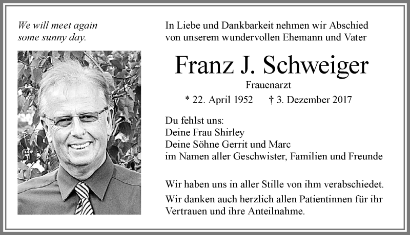  Traueranzeige für Franz J. Schweiger vom 20.12.2017 aus Allgäuer Zeitung, Füssen