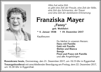 Traueranzeige von Franziska Mayer von Allgäuer Zeitung, Kaufbeuren/Buchloe