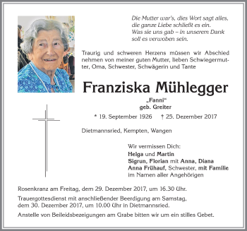 Traueranzeige von Franziska Mühlegger von Allgäuer Zeitung,Kempten