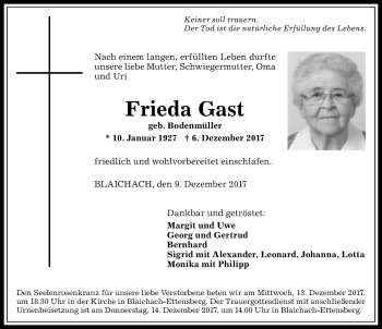 Traueranzeige von Frieda Gast von Allgäuer Anzeigeblatt