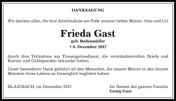 Traueranzeige von Frieda Gast von Allgäuer Anzeigeblatt