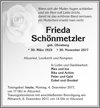 Traueranzeige von Frieda Schönmetzler von Allgäuer Zeitung,Kempten