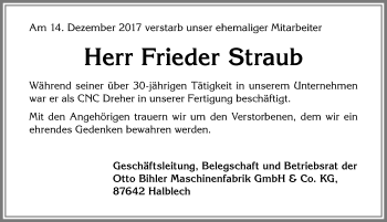 Traueranzeige von Frieder Straub von Allgäuer Zeitung, Füssen