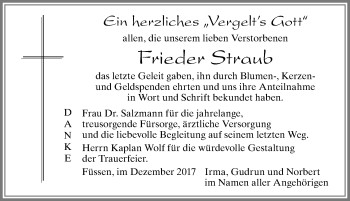 Traueranzeige von Frieder Straub von Allgäuer Zeitung, Füssen