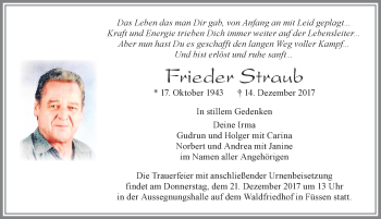 Traueranzeige von Frieder Straub von Allgäuer Zeitung, Füssen