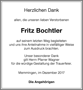 Traueranzeige von Fritz Bochtler von Memminger Zeitung