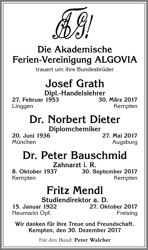  Traueranzeige für Fritz Mendl vom 30.12.2017 aus Allgäuer Zeitung,Kempten