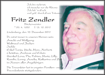 Traueranzeige von Fritz Zendler von Der Westallgäuer