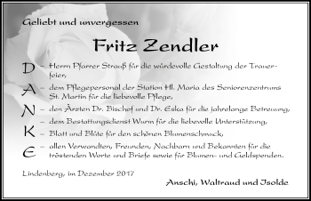 Traueranzeige von Fritz Zendler von Der Westallgäuer