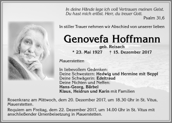 Traueranzeige von Genovefa Hoffmann von Allgäuer Zeitung, Kaufbeuren/Buchloe