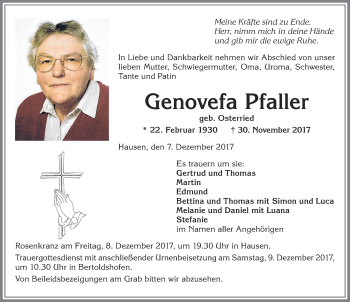 Traueranzeige von Genovefa Pfaller von Allgäuer Zeitung, Marktoberdorf