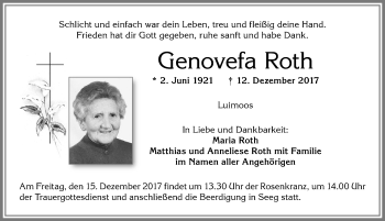 Traueranzeige von Genovefa Roth von Allgäuer Zeitung, Füssen