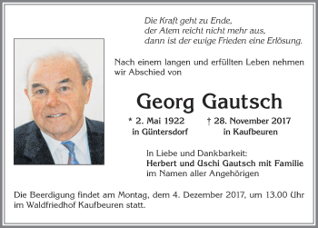 Traueranzeige von Georg Gautsch von Allgäuer Zeitung, Kaufbeuren/Buchloe