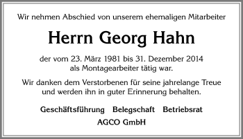 Traueranzeige von Georg Hahn von Allgäuer Zeitung, Marktoberdorf
