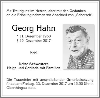 Traueranzeige von Georg Hahn von Allgäuer Zeitung, Marktoberdorf