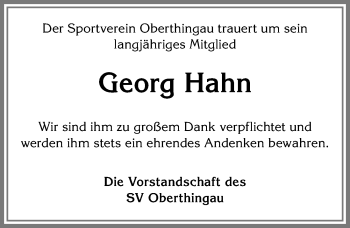 Traueranzeige von Georg Hahn von Allgäuer Zeitung, Marktoberdorf