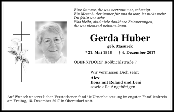 Traueranzeige von Gerda Huber von Allgäuer Anzeigeblatt