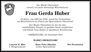 Traueranzeige von Gerda Huber von Allgäuer Anzeigeblatt