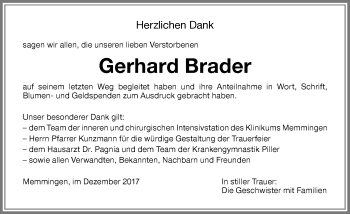 Traueranzeige von Gerhard Brader von Memminger Zeitung