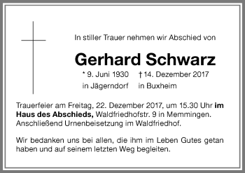 Traueranzeige von Gerhard Schwarz von Memminger Zeitung