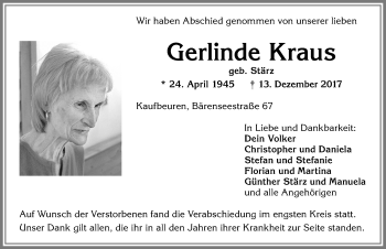 Traueranzeige von Gerlinde Kraus von Allgäuer Zeitung, Kaufbeuren/Buchloe