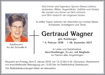 Traueranzeige von Gertraud Wagner von Allgäuer Zeitung, Kaufbeuren/Buchloe