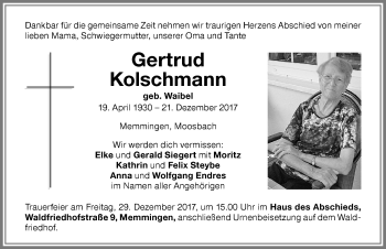 Traueranzeige von Gertrud Kolschmann von Memminger Zeitung