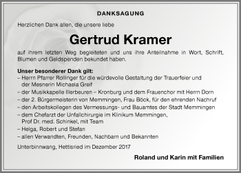 Traueranzeige von Gertrud Kramer von Memminger Zeitung
