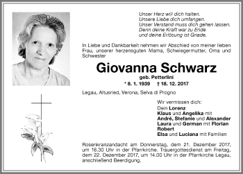 Traueranzeige von Giovanna Schwarz von Memminger Zeitung