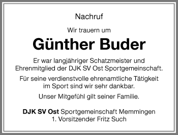 Traueranzeige von Günther Buder von Memminger Zeitung