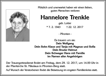 Traueranzeige von Hannelore Trenkle von Allgäuer Zeitung, Füssen