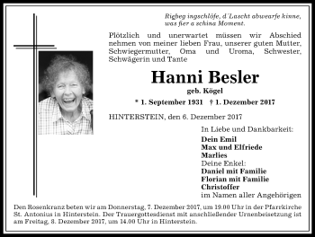Traueranzeige von Hanni Besler von Allgäuer Anzeigeblatt