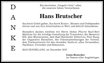 Traueranzeige von Hans Brutscher von Allgäuer Anzeigeblatt