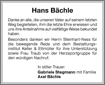 Traueranzeige von Hans Bächle von Memminger Zeitung
