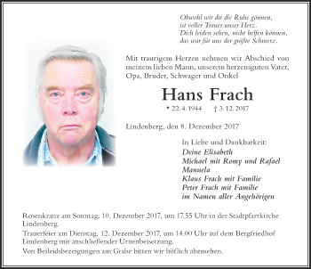 Traueranzeige von Hans Frach von Der Westallgäuer