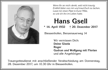 Traueranzeige von Hans Gsell von Allgäuer Zeitung, Kaufbeuren/Buchloe