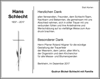 Traueranzeige von Hans Schlecht von Memminger Zeitung