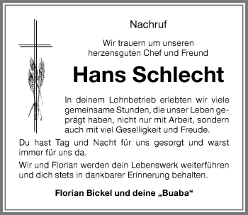 Traueranzeige von Hans Schlecht von Memminger Zeitung