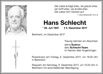 Traueranzeige von Hans Schlecht von Memminger Zeitung