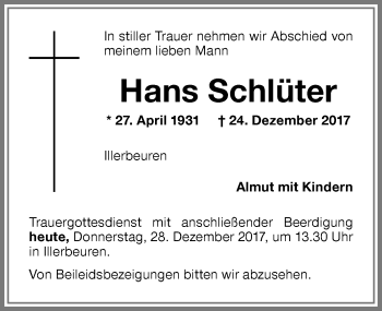 Traueranzeige von Hans Schlüter von Memminger Zeitung