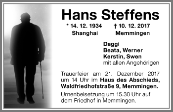 Traueranzeige von Hans Steffens von Memminger Zeitung