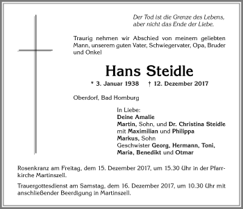 Traueranzeige von Hans Steidle von Allgäuer Zeitung,Kempten