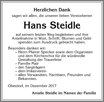 Traueranzeige von Hans Steidle von Allgäuer Zeitung,Kempten