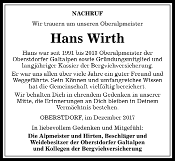 Traueranzeige von Hans Wirth von Allgäuer Anzeigeblatt