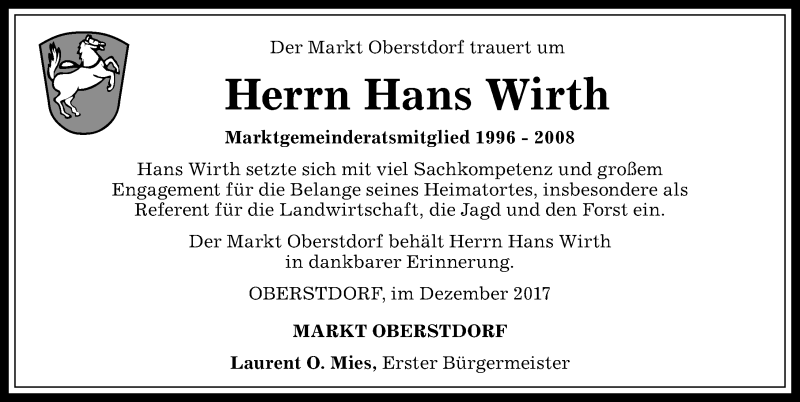  Traueranzeige für Hans Wirth vom 16.12.2017 aus Allgäuer Anzeigeblatt