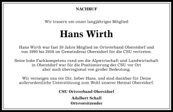 Traueranzeige von Hans Wirth von Allgäuer Anzeigeblatt