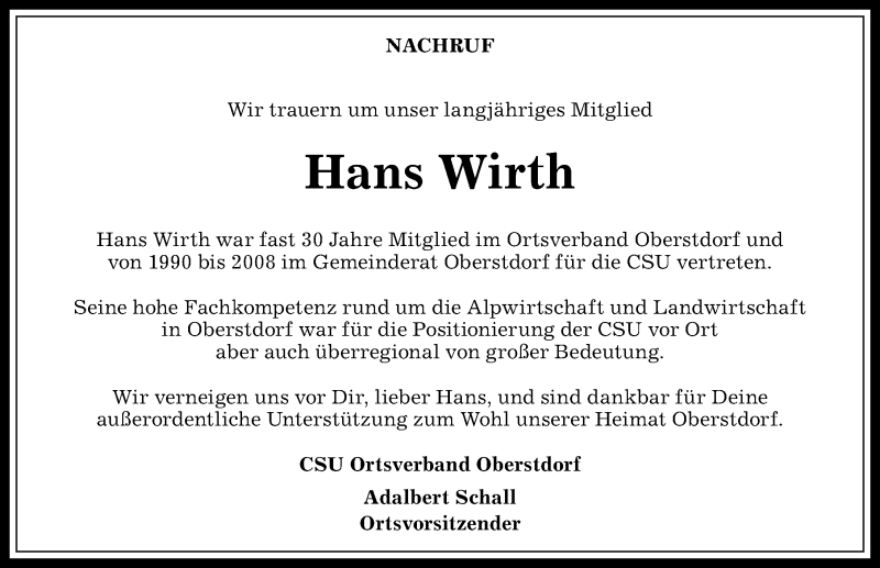 Traueranzeige für Hans Wirth vom 16.12.2017 aus Allgäuer Anzeigeblatt