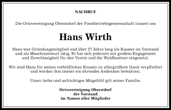 Traueranzeige von Hans Wirth von Allgäuer Anzeigeblatt