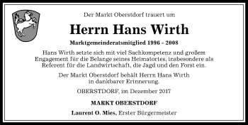 Traueranzeige von Hans Wirth von Allgäuer Anzeigeblatt