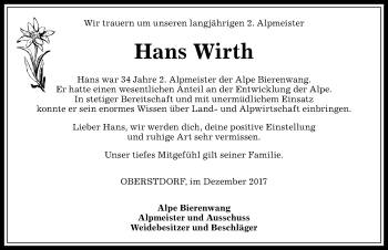 Traueranzeige von Hans Wirth von Allgäuer Anzeigeblatt